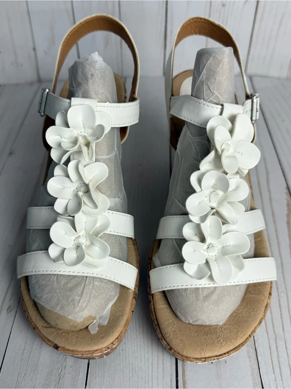 B.O.C. White Flower Vegan Leather Cork Wedges Open Toe Slingback Sandals